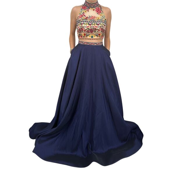 Sherri Hill 50080 2 Piece Prom Dress Size 2 Event Party Embroidered Navy Multi - Picture 1 of 16